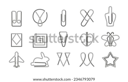 Paper clip icons set on white background. Office paperclips in different forms. Vector of paper clip plane or rabbit, hand and butterfly illustration