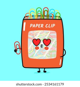 Clip de papel en personaje de amor. Icono de ilustración de personaje kawaii de dibujos animados dibujado a mano de Vector. Aislado sobre fondo azul. Concepto de personaje de jugo de Clip de papel