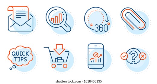 Paper clip, Mail newsletter and Quick tips signs. Quiz test, Smartphone statistics and Seo analysis line icons set. Shopping, 360 degrees symbols. Select answer, Mobile business. Vector