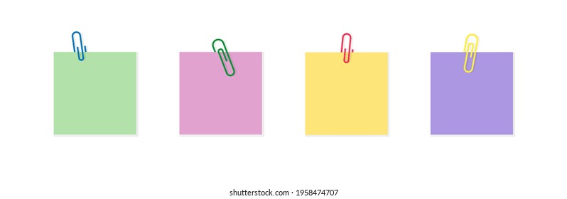 Paper clip with memo. Paperclip with note. Color notepaper with paperclip for reminder in school, office and home. Metal pin on paper sticker with shadow. Blank label for announcement. Vector.