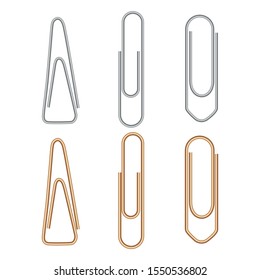 Paper clip. Metal paperclip office attach isolated on white background. Realistic silver and golden binder. Stationery fix tool for page, card. Yellow and chrome staple. Document equipment