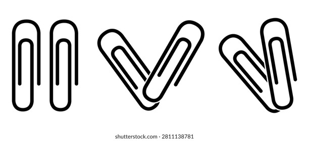 Paper clip outline icons set, minimalist metal paperclip vectors isolated on white background.
