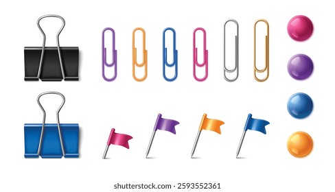 Paper clip set with binder fasteners, clasps and push pins in various colors. Realistic 3d collection of holders, metallic items, flag markers and round magnets for office and education organization.