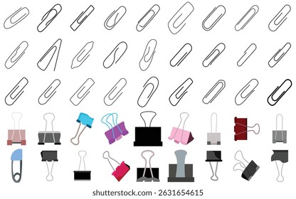 Paper Clip Set Vector – Realistic and Outline Office Fasteners, Binder and Bulldog Clips