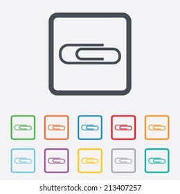 Paper clip sign icon. Clip symbol. Round squares buttons with frame. Vector
