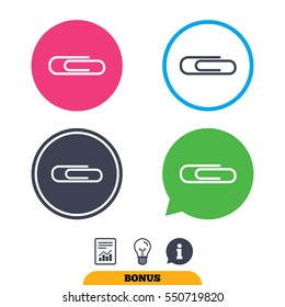 Paper clip sign icon. Clip symbol. Report document, information sign and light bulb icons. Vector
