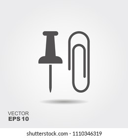 Paper clip and thumbtack. Flat icon stationery.