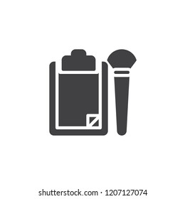 Paper Clipboard and brush vector icon. filled flat sign for mobile concept and web design. Forensics equipment simple solid icon. Symbol, logo illustration. Pixel perfect vector graphics