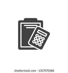 Paper clipboard and calculator vector icon. filled flat sign for mobile concept and web design. Financial analysis, accounting glyph icon. Business audit symbol, logo illustration.
