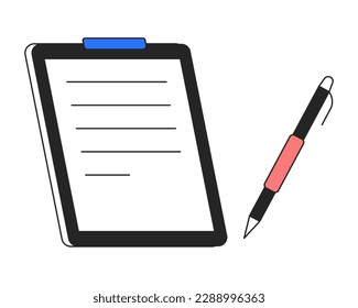 Paper clipboard with fountain pen flat line color vector objects. Taking notes. Editable lineart icon on white. Simple outline cartoon style spot illustration for web graphic design and animation