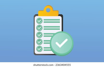 Paper clipboard holder with checklist symbol. clipboard with paper sheet and green check mark icon.on blue background.Vector Design Illustration.
