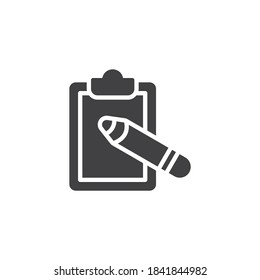 Paper clipboard with pen vector icon. filled flat sign for mobile concept and web design. Office note paper glyph icon. Symbol, logo illustration. Vector graphics