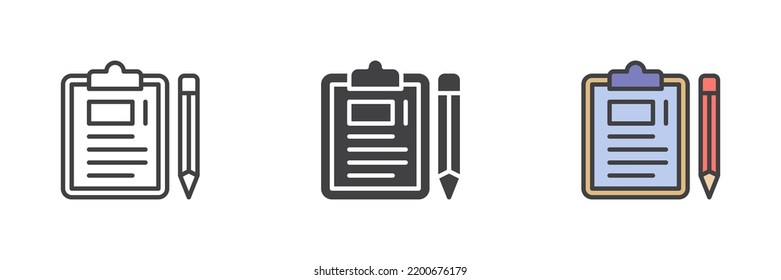 Paper clipboard and pencil icon. Line, glyph and filled outline colorful version, outline and filled vector sign. Symbol, logo illustration. Different style icons set. Vector graphics
