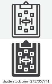 Paper clipboard scheme icon set in different style. Line outline icon and solid icon version showing flow blocks, editable stroke vector sign and symbol for workflow, planning and web.