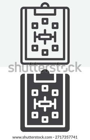 Paper clipboard scheme icon set in different style. Line outline icon and solid icon version showing flow blocks, editable stroke vector sign and symbol for workflow, planning and web.