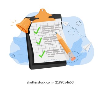 Paper clipboard task management todo check list with pencil, fast work on project plan, fast progress, level up concept, pencil note, exam paper checklist icon. Vector render pink background