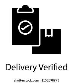 
A paper clipboard with tick mark placed in front of a package, notion for delivery verified 
