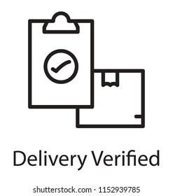 
A paper clipboard with tick mark placed in front of a package, notion for delivery verified 
