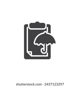 Paper clipboard and umbrella vector icon. filled flat sign for mobile concept and web design. Insurance Protection glyph icon. Symbol, logo illustration. Vector graphics
