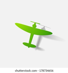 Paper clipped sticker: aircraft plane with propeller. Isolated illustration icon