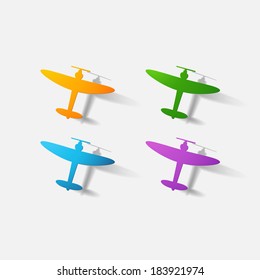 Paper clipped sticker: aircraft plane with propeller. Isolated illustration icon
