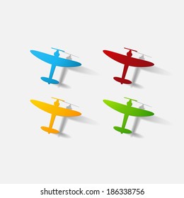 Paper clipped sticker: aircraft plane with propeller. Isolated illustration icon