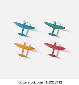 Paper clipped sticker: aircraft plane with propeller. Isolated illustration icon