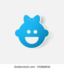Paper clipped sticker: baby face girl. Isolated illustration icon