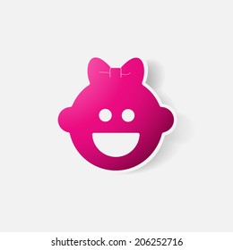 Paper clipped sticker: baby face girl. Isolated illustration icon