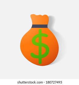 Paper clipped sticker: bag of money. Isolated illustration icon