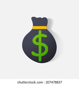 Paper clipped sticker: bag of money. Isolated illustration icon