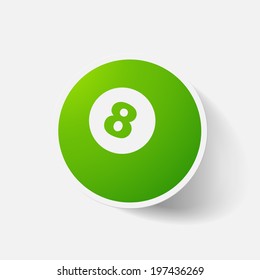 Paper clipped sticker: billiard ball with number. Isolated illustration icon