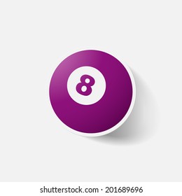 Paper clipped sticker: billiard ball with number. Isolated illustration icon