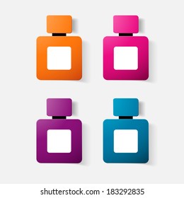 Paper clipped sticker: bottle of perfume, cologne. Isolated illustration icon