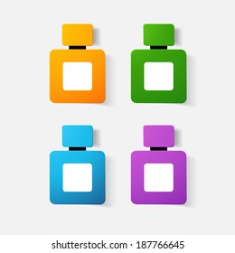 Paper clipped sticker: bottle of perfume, cologne. Isolated illustration icon