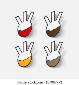 Paper clipped sticker: flask with liquid . Isolated illustration icon