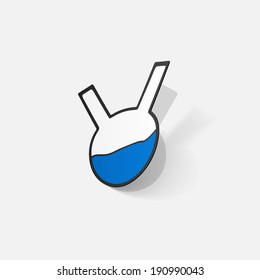 Paper clipped sticker: flask with liquid . Isolated illustration icon