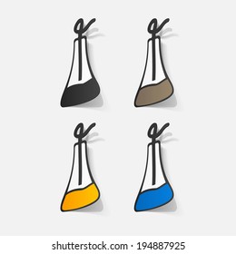 Paper clipped sticker: flask with liquid . Isolated illustration icon