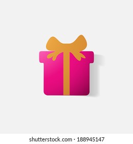 Paper clipped sticker: gift with bow. Isolated illustration icon