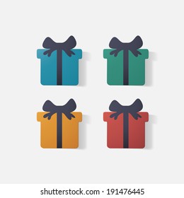 Paper clipped sticker: gift with bow. Isolated illustration icon