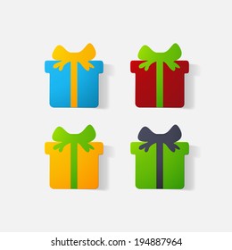 Paper clipped sticker: gift with bow. Isolated illustration icon