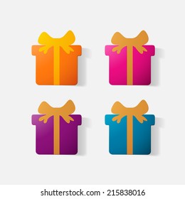 Paper clipped sticker: gift with bow. Isolated illustration icon