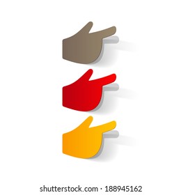 Paper clipped sticker: Hand with pointing finger. Isolated illustration icon