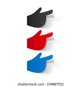 Paper clipped sticker: Hand with pointing finger. Isolated illustration icon