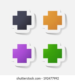 Paper clipped sticker: medical cross. Isolated illustration icon