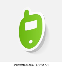 Paper clipped sticker: mobile phone, cell. Isolated illustration icon