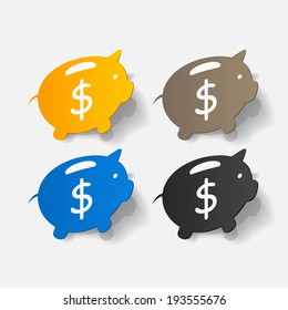 Paper clipped sticker: Piggy bank. Isolated illustration icon