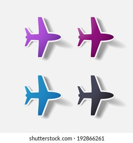 Paper clipped sticker: plane. Isolated illustration icon