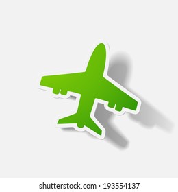 Paper clipped sticker: plane. Isolated illustration icon