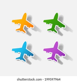 Paper clipped sticker: plane. Isolated illustration icon